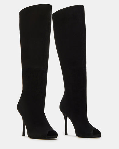 PEGGIE Black Suede Stiletto Heel Peep Toe Women's Boots Steve Madden BLACK SUEDE