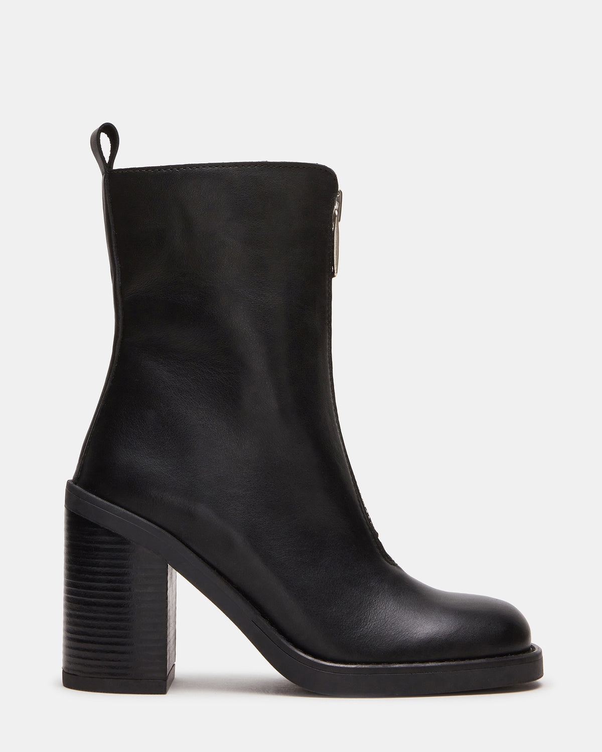 DECLAN Black Leather Block Heeled Ankle Boot | Women's Booties Steve Madden BLACK LEATHER