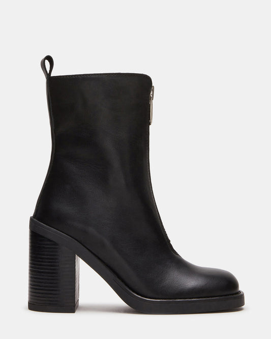 DECLAN Black Leather Block Heeled Ankle Boot | Women's Booties Steve Madden BLACK LEATHER