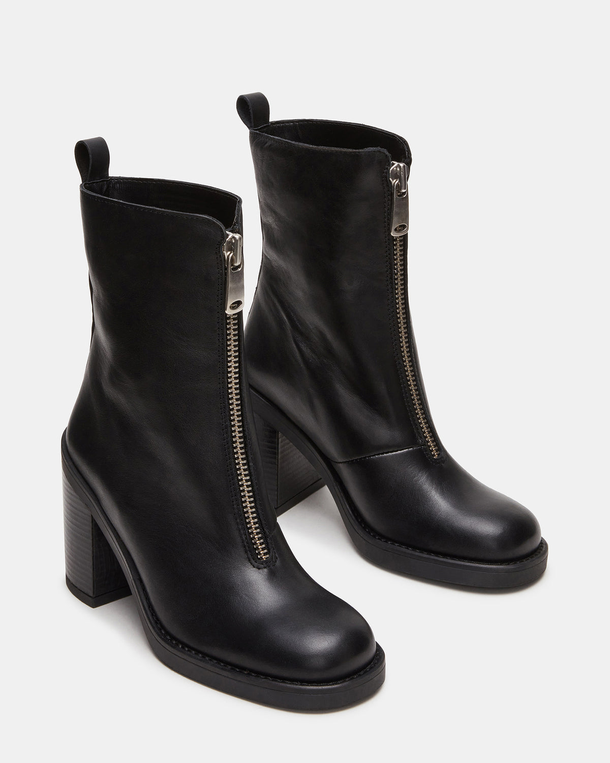DECLAN Black Leather Block Heeled Ankle Boot | Women's Booties Steve Madden BLACK LEATHER