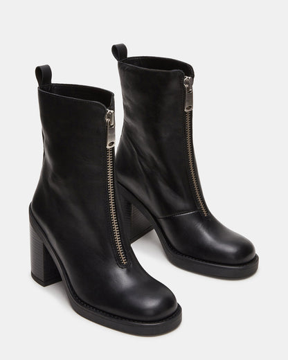 DECLAN Black Leather Block Heeled Ankle Boot | Women's Booties Steve Madden BLACK LEATHER