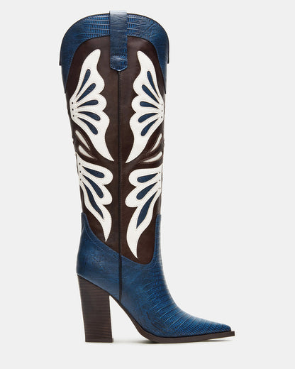 KAZ Blue/White Pointed-Toe Knee-High Block Heel Western Women's Boot Steve Madden BLUE WHITE