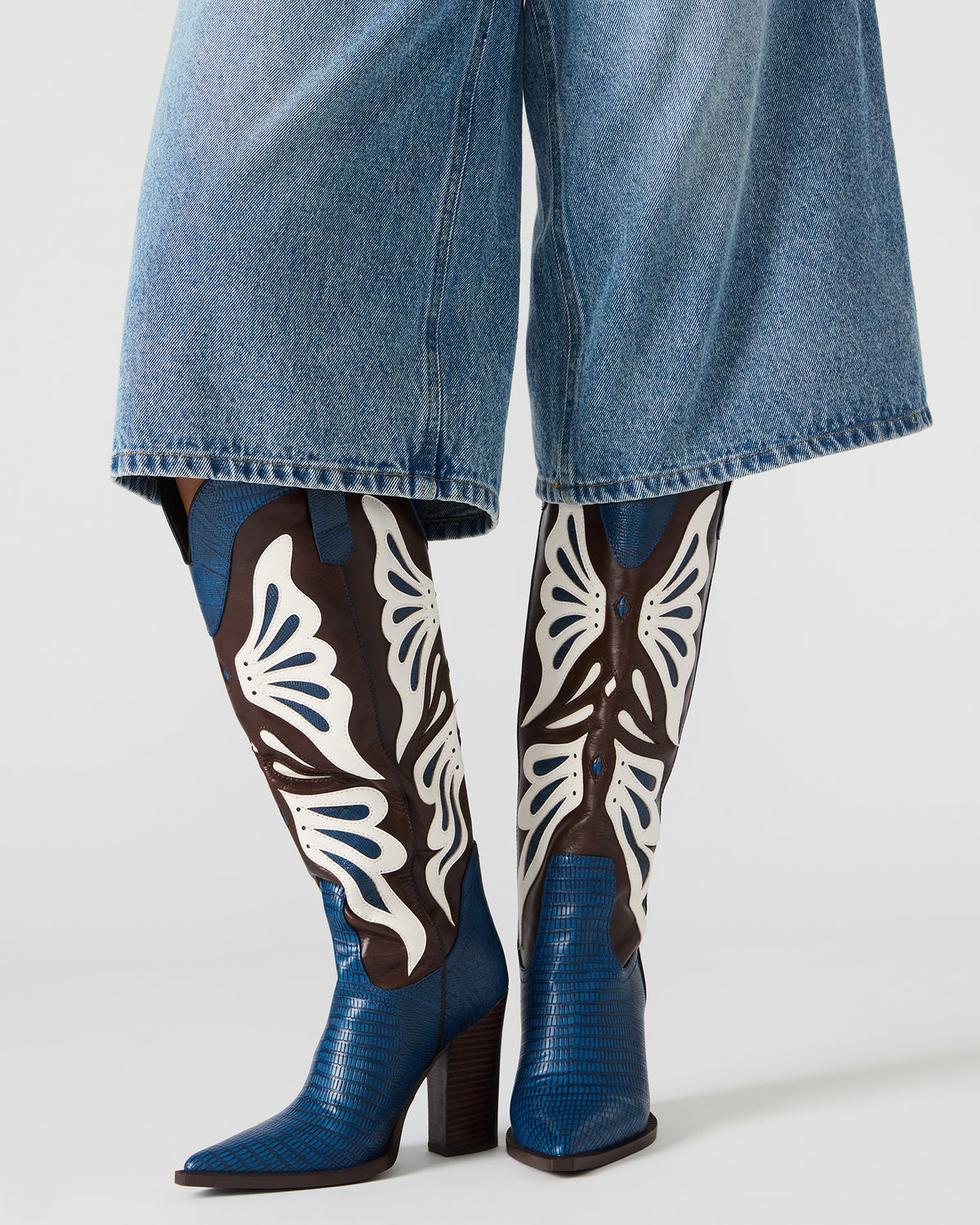 KAZ Blue/White Pointed-Toe Knee-High Block Heel Western Women's Boot Steve Madden BLUE WHITE