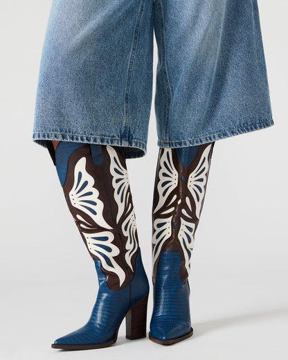 KAZ Blue/White Pointed-Toe Knee-High Block Heel Western Women's Boot Steve Madden BLUE WHITE
