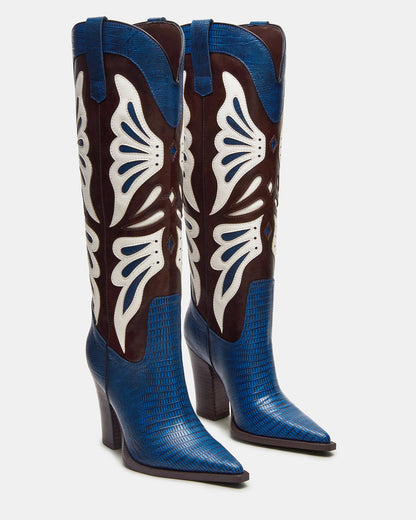 KAZ Blue/White Pointed-Toe Knee-High Block Heel Western Women's Boot Steve Madden BLUE WHITE