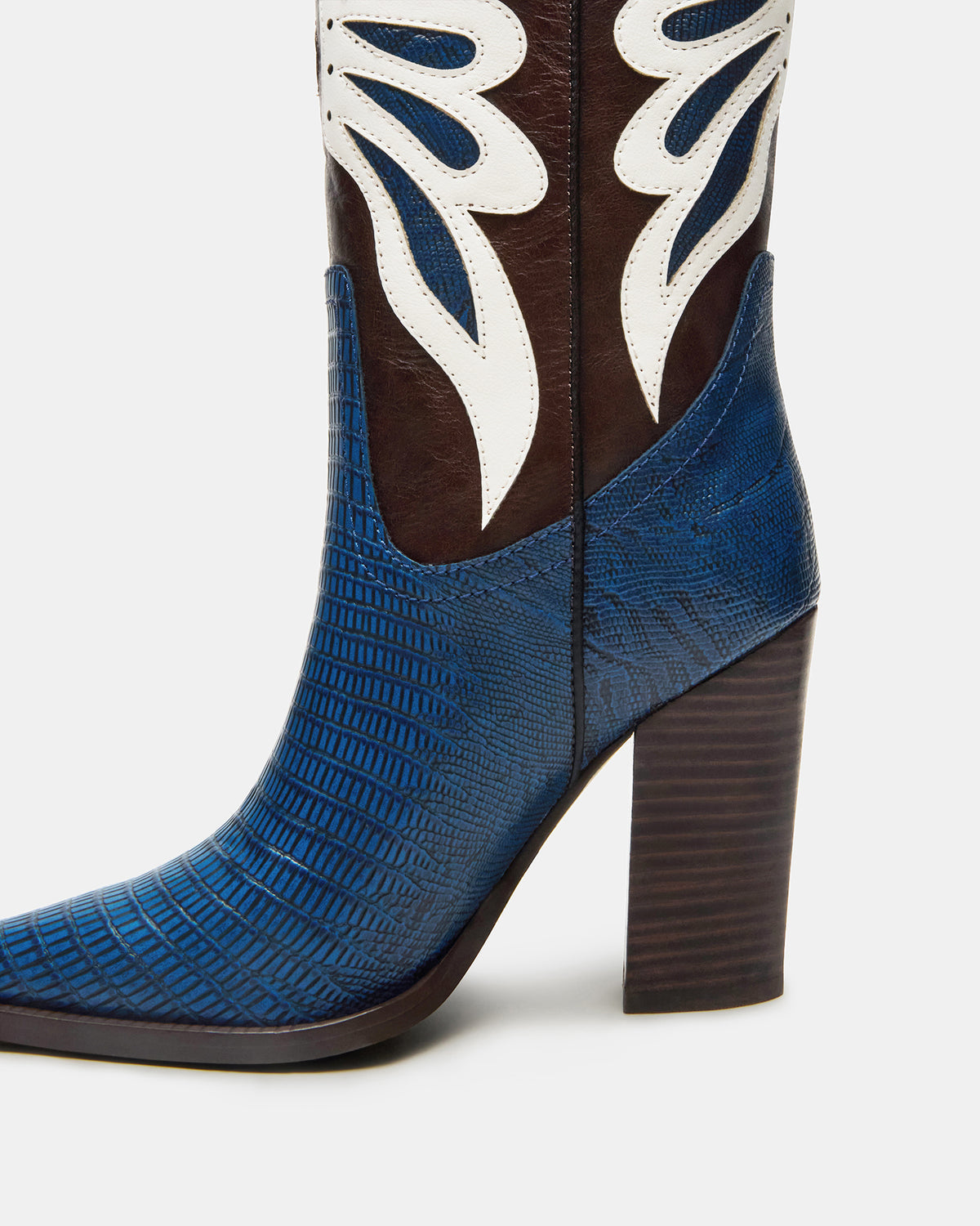 KAZ Blue/White Pointed-Toe Knee-High Block Heel Western Women's Boot Steve Madden BLUE WHITE