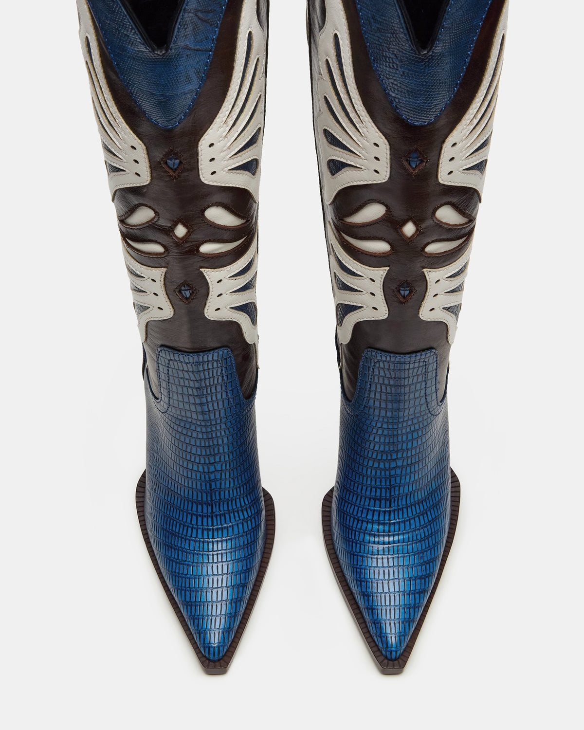 KAZ Blue/White Pointed-Toe Knee-High Block Heel Western Women's Boot Steve Madden BLUE WHITE