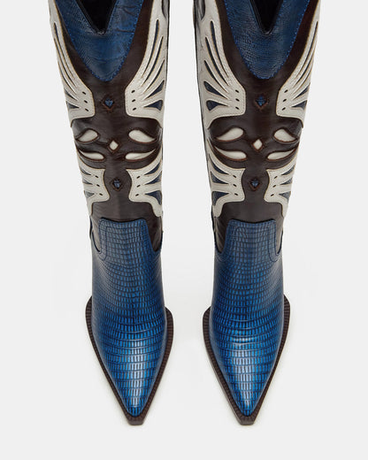 KAZ Blue/White Pointed-Toe Knee-High Block Heel Western Women's Boot Steve Madden BLUE WHITE