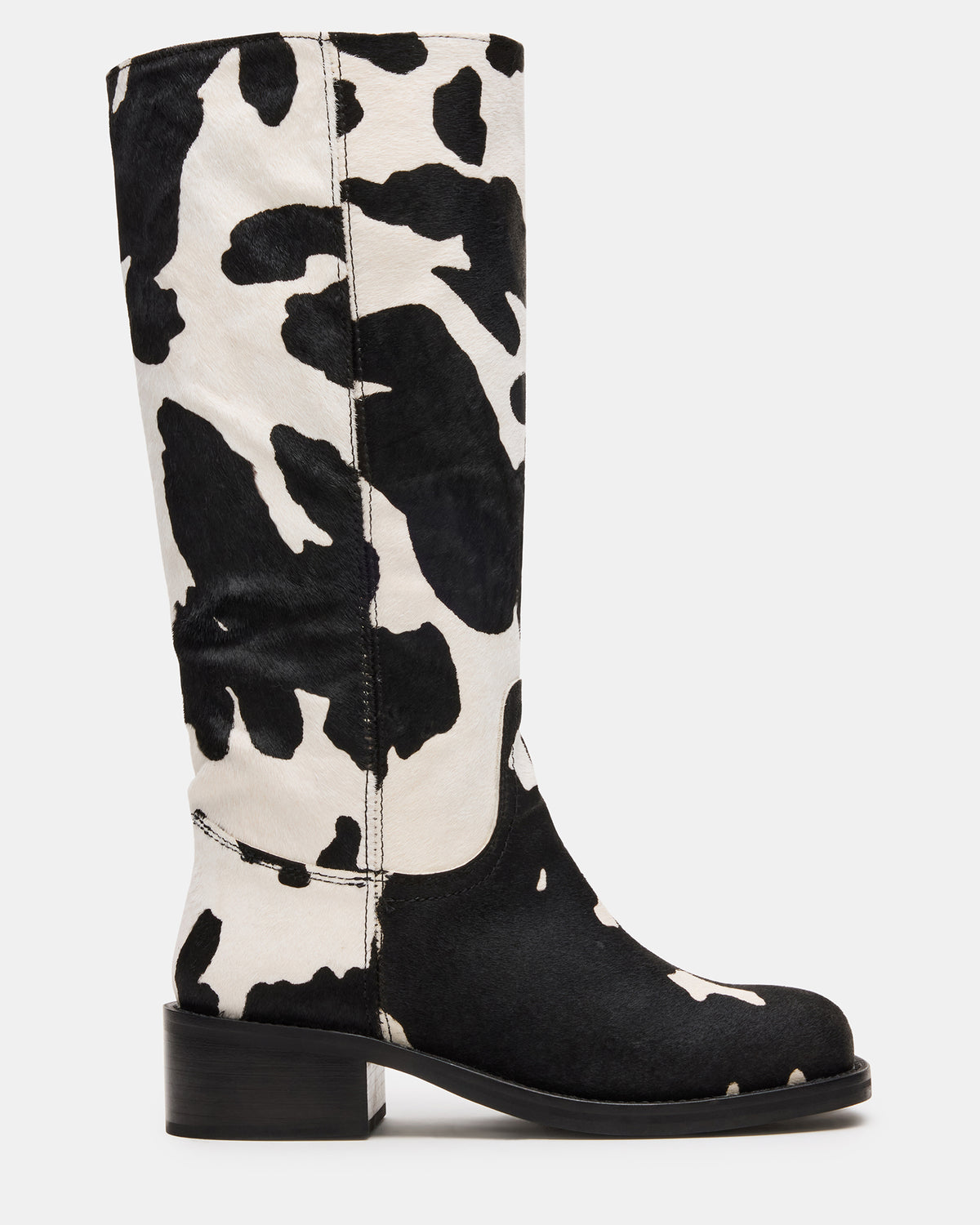 RIGGS Black Cow Print Wide Calf Square-Toe Women's Boot Steve Madden BLACK WHITE