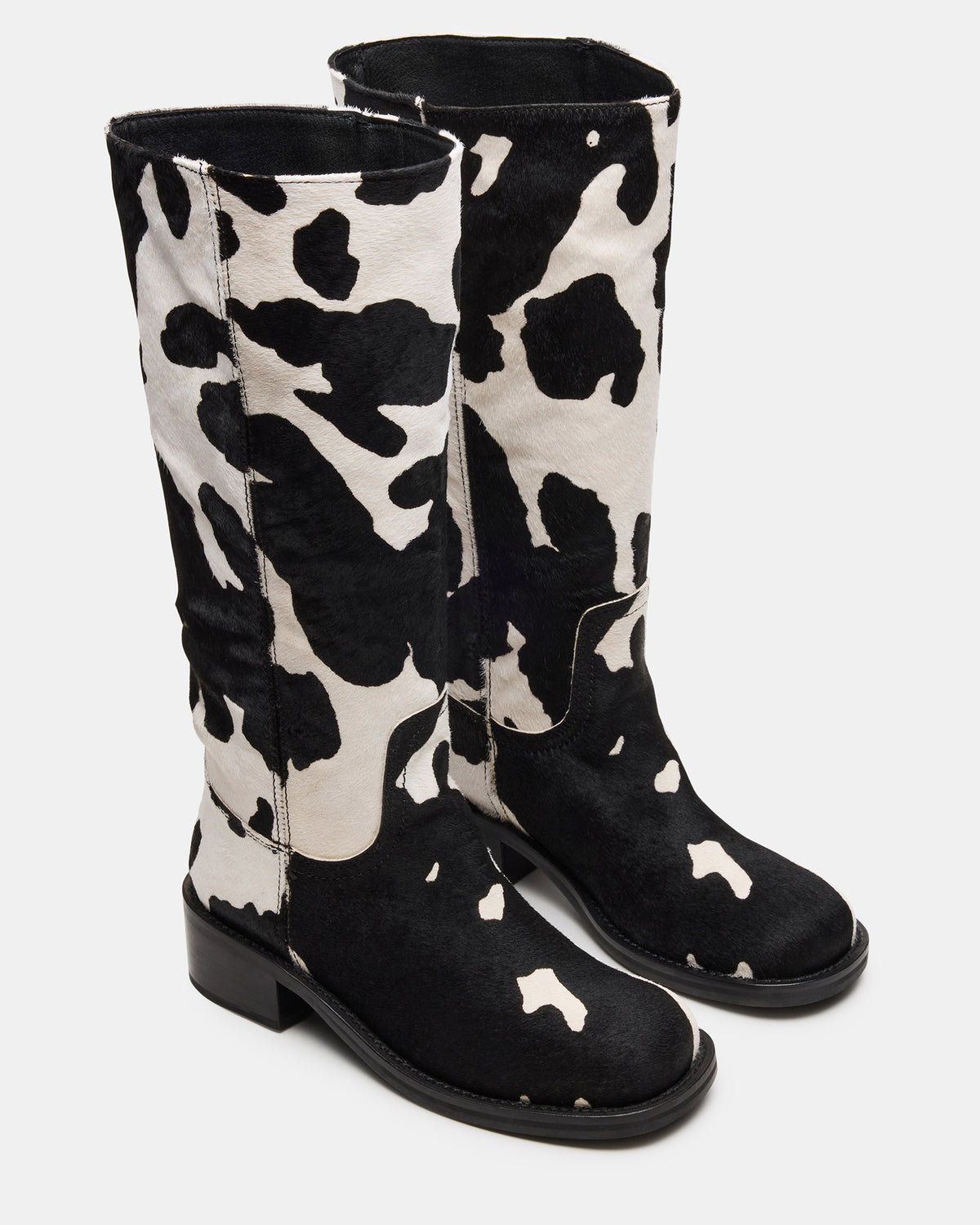 RIGGS Black Cow Print Wide Calf Square-Toe Women's Boot Steve Madden BLACK WHITE