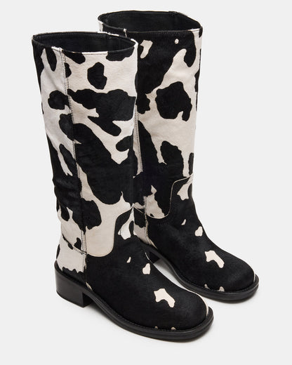 RIGGS Black Cow Print Wide Calf Square-Toe Women's Boot Steve Madden BLACK WHITE