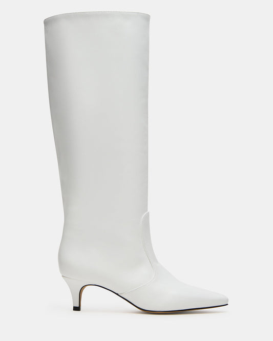 LANDER White Leather Knee-High Kitten Heel Women's Boot Steve Madden WHITE LEATHER