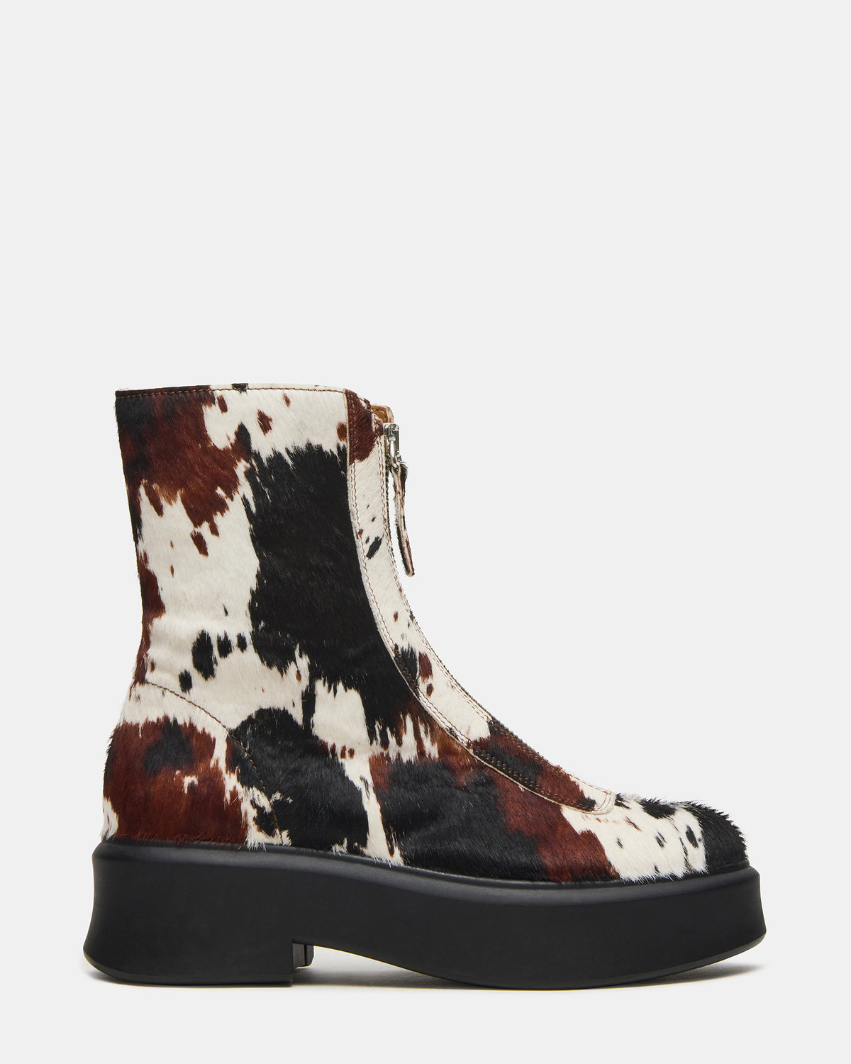 JONES Brown Cow Print Zipper Lug Women's Ankle Boot Steve Madden COW PRINT