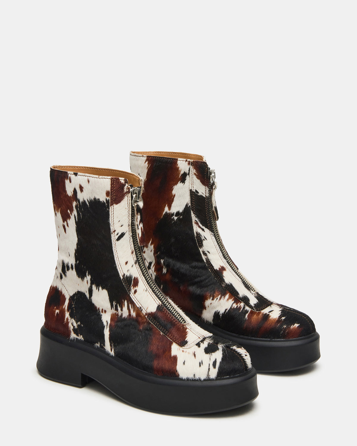 JONES Brown Cow Print Zipper Lug Women's Ankle Boot Steve Madden COW PRINT