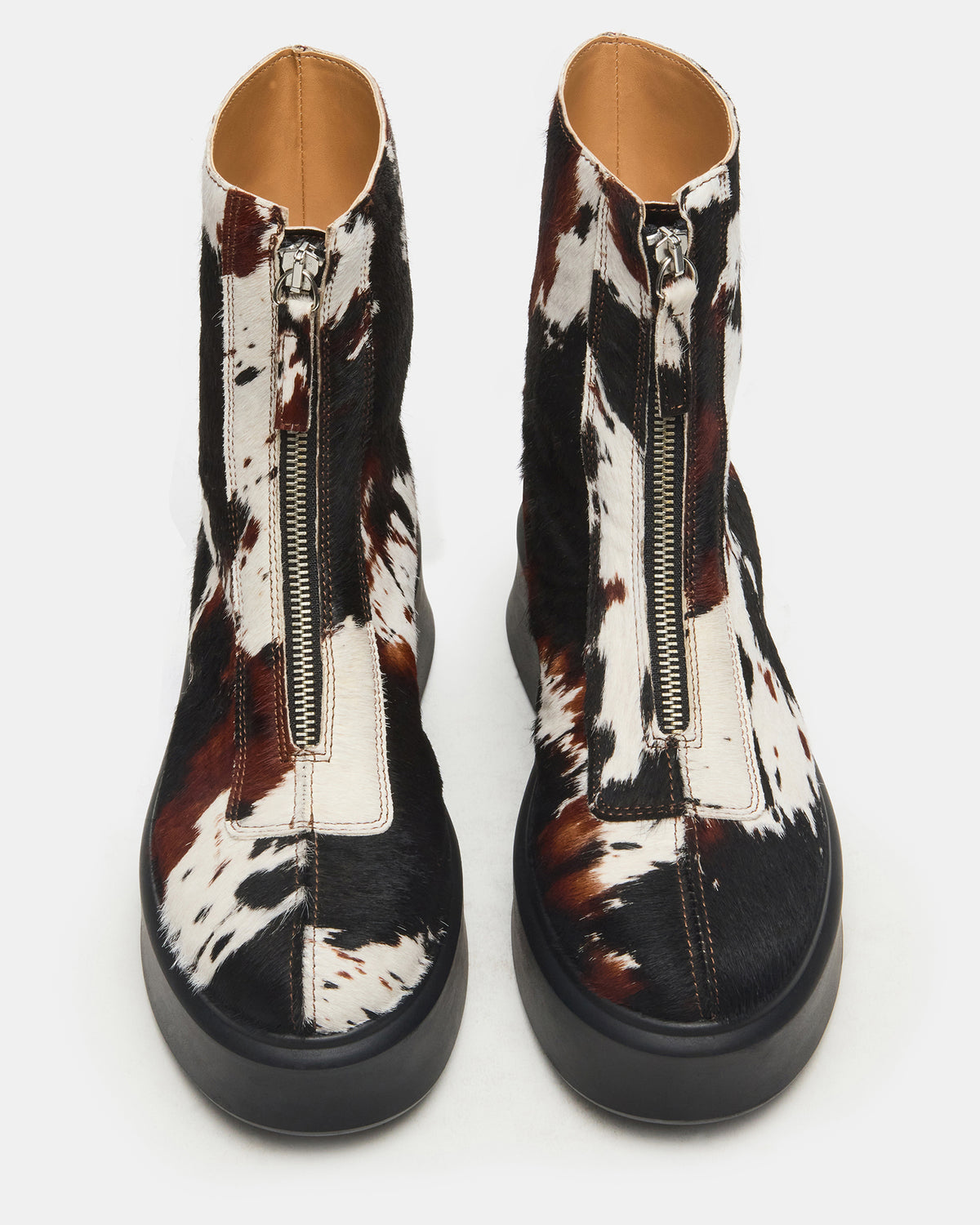 JONES Brown Cow Print Zipper Lug Women's Ankle Boot Steve Madden COW PRINT
