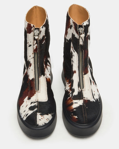 JONES Brown Cow Print Zipper Lug Women's Ankle Boot Steve Madden COW PRINT