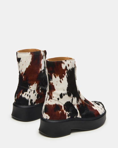 JONES Brown Cow Print Zipper Lug Women's Ankle Boot Steve Madden COW PRINT