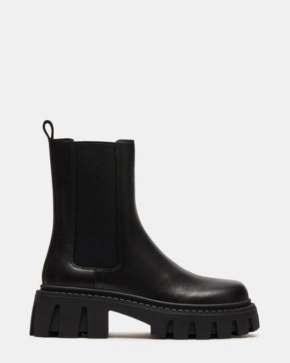 CHARGES Black Leather Platform Bootie | Women's Booties Steve Madden BLACK LEATHER