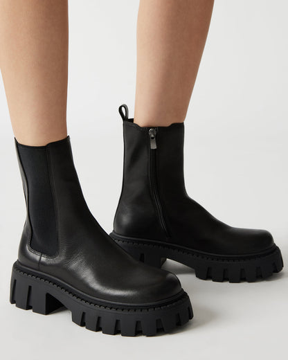 CHARGES Black Leather Platform Bootie | Women's Booties Steve Madden BLACK LEATHER