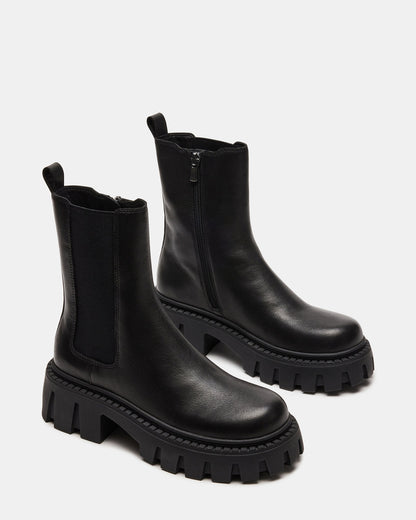 CHARGES Black Leather Platform Bootie | Women's Booties Steve Madden BLACK LEATHER