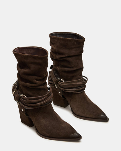 LAUPER Dark Taupe Suede Pointed-Toe Heeled Buckle Women's Ankle Boot Steve Madden TAUPE