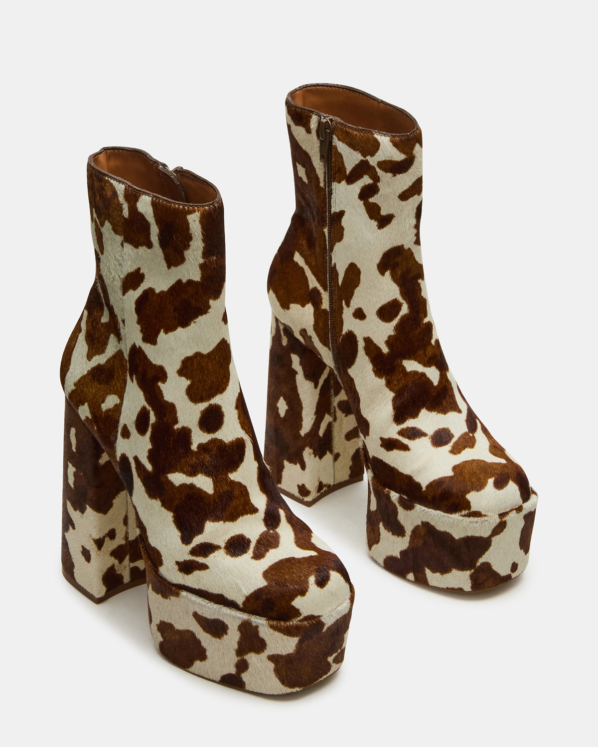 TRILLION Brown Cow Print Platform Square-Toe Block Heel Women's Ankle Boot Steve Madden BROWN MULTI