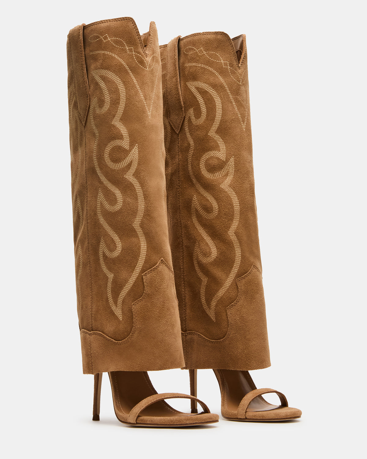 RAVINE Western Tan Suede Knee-High Cuffed Stiletto Heel Women's Boot Steve Madden TAN SUEDE