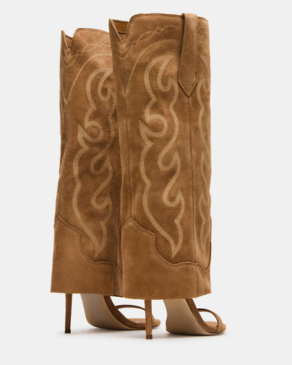 RAVINE Western Tan Suede Knee-High Cuffed Stiletto Heel Women's Boot Steve Madden TAN SUEDE