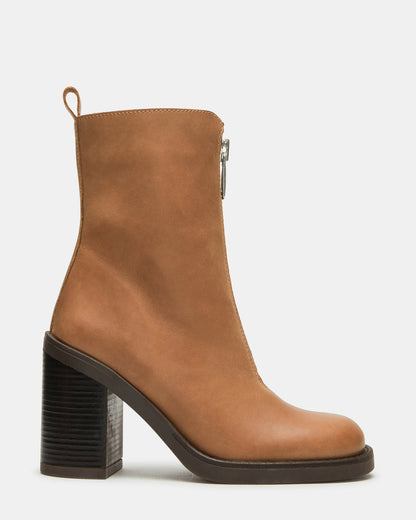 DECLAN Cognac Leather Block Heeled Ankle Boot | Women's Booties Steve Madden COGNAC LEATHER