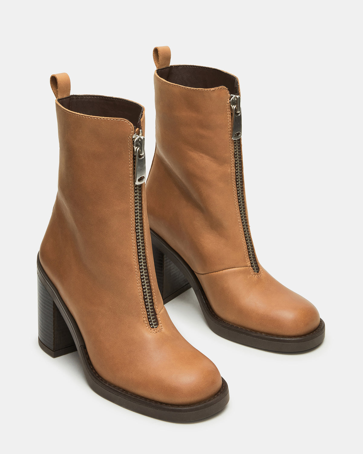 DECLAN Cognac Leather Block Heeled Ankle Boot | Women's Booties Steve Madden COGNAC LEATHER