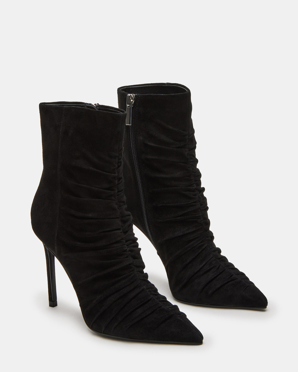 TEASE Black Suede Ruched Pointed Toe Ankle Boot | Women's Booties Steve Madden BLACK SUEDE