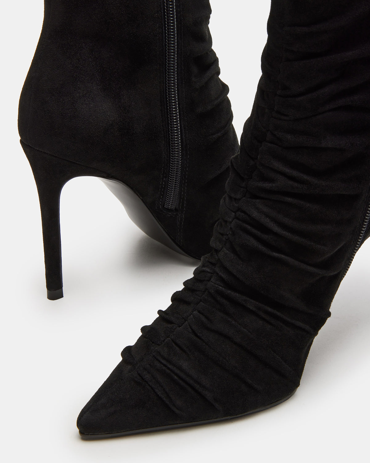 TEASE Black Suede Ruched Pointed Toe Ankle Boot | Women's Booties Steve Madden BLACK SUEDE