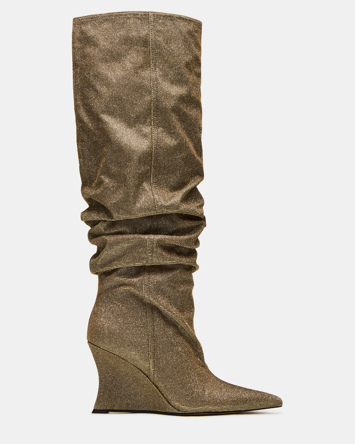 DISTORTION Gold Glitter Pointed-Toe Scrunched Knee-High Wedge Women's Boot Steve Madden GOLD GLITTER