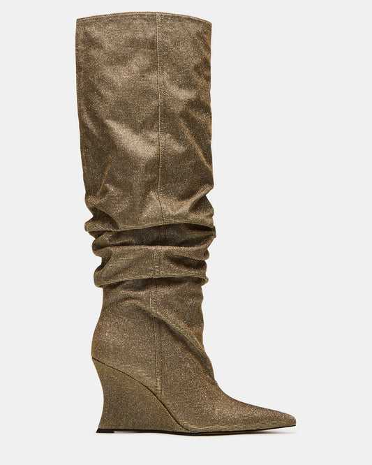 DISTORTION Gold Glitter Pointed-Toe Scrunched Knee-High Wedge Women's Boot Steve Madden GOLD GLITTER