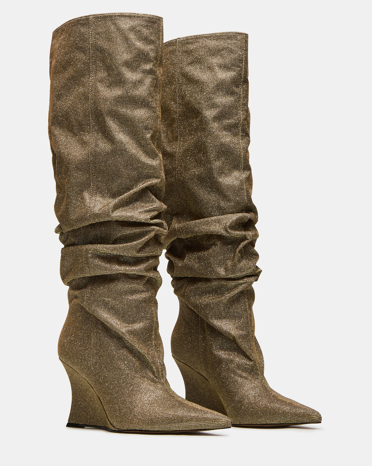 DISTORTION Gold Glitter Pointed-Toe Scrunched Knee-High Wedge Women's Boot Steve Madden GOLD GLITTER