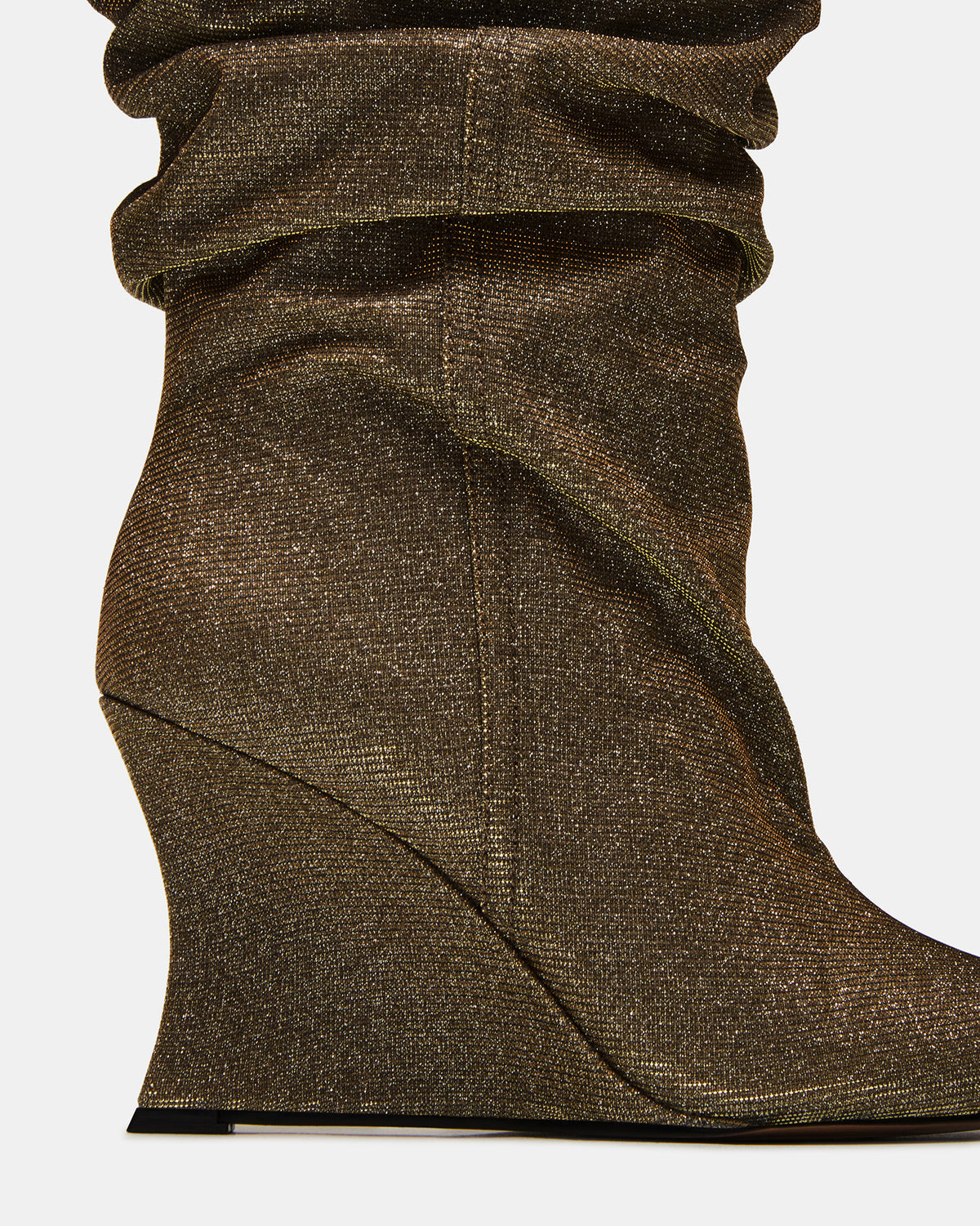 DISTORTION Gold Glitter Pointed-Toe Scrunched Knee-High Wedge Women's Boot Steve Madden GOLD GLITTER