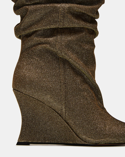 DISTORTION Gold Glitter Pointed-Toe Scrunched Knee-High Wedge Women's Boot Steve Madden GOLD GLITTER