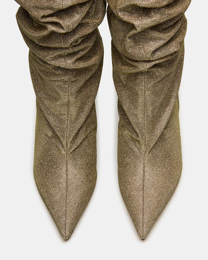 DISTORTION Gold Glitter Pointed-Toe Scrunched Knee-High Wedge Women's Boot Steve Madden GOLD GLITTER