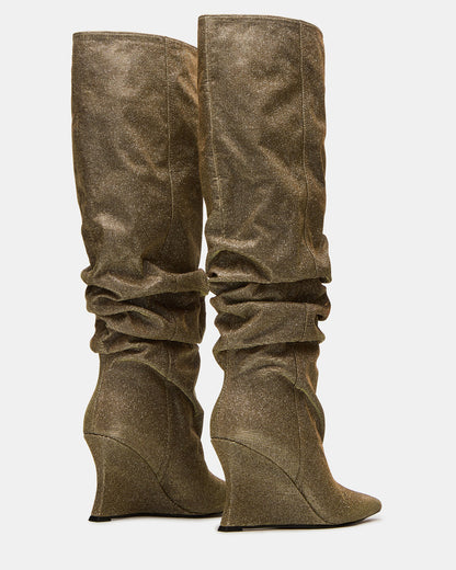 DISTORTION Gold Glitter Pointed-Toe Scrunched Knee-High Wedge Women's Boot Steve Madden GOLD GLITTER