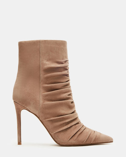 TEASE Taupe Suede Ruched Pointed Toe Ankle Boot | Women's Booties Steve Madden TAUPE SUEDE