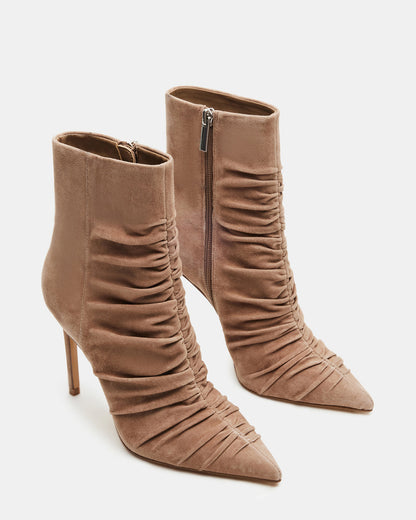 TEASE Taupe Suede Ruched Pointed Toe Ankle Boot | Women's Booties Steve Madden TAUPE SUEDE