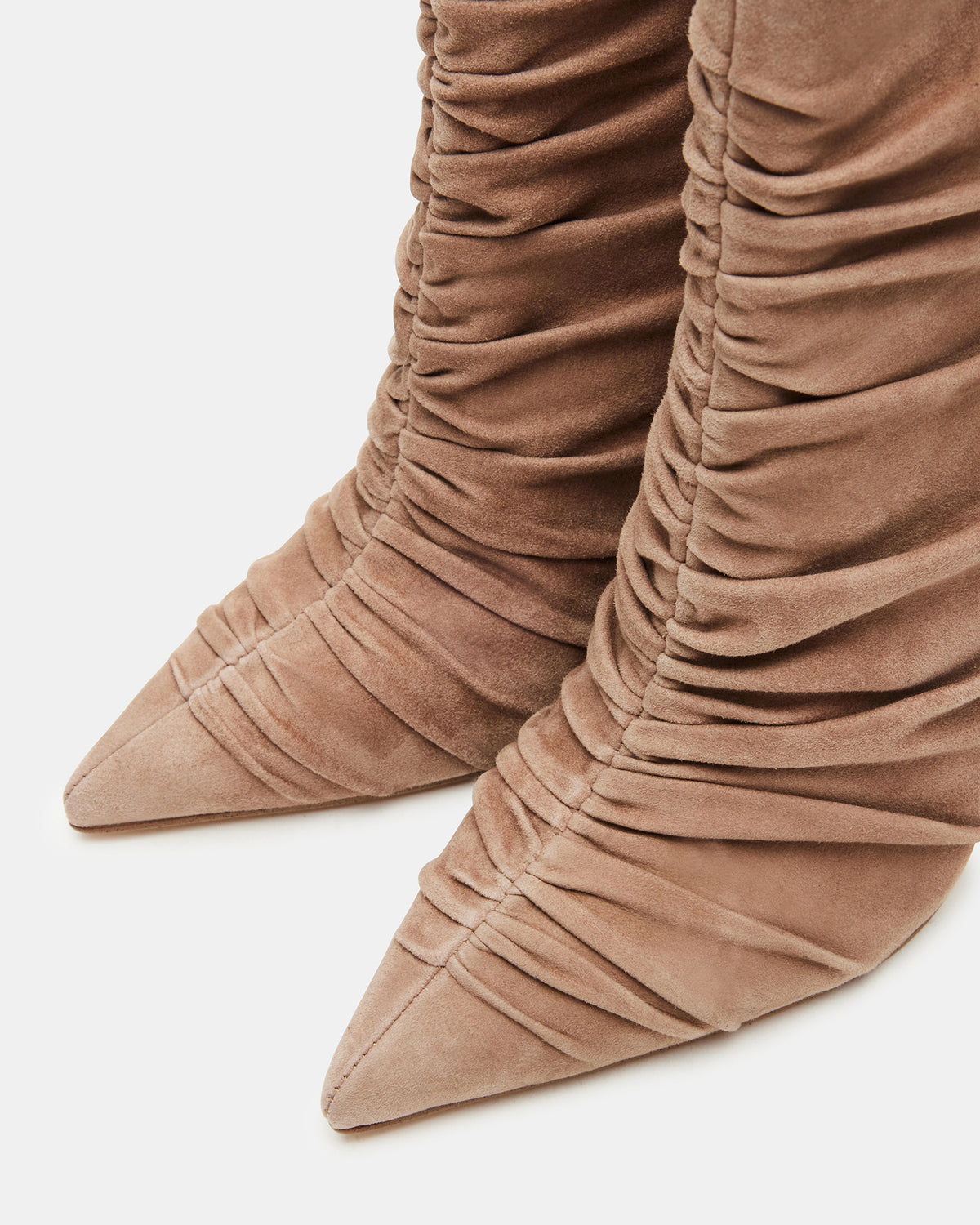 TEASE Taupe Suede Ruched Pointed Toe Ankle Boot | Women's Booties Steve Madden TAUPE SUEDE