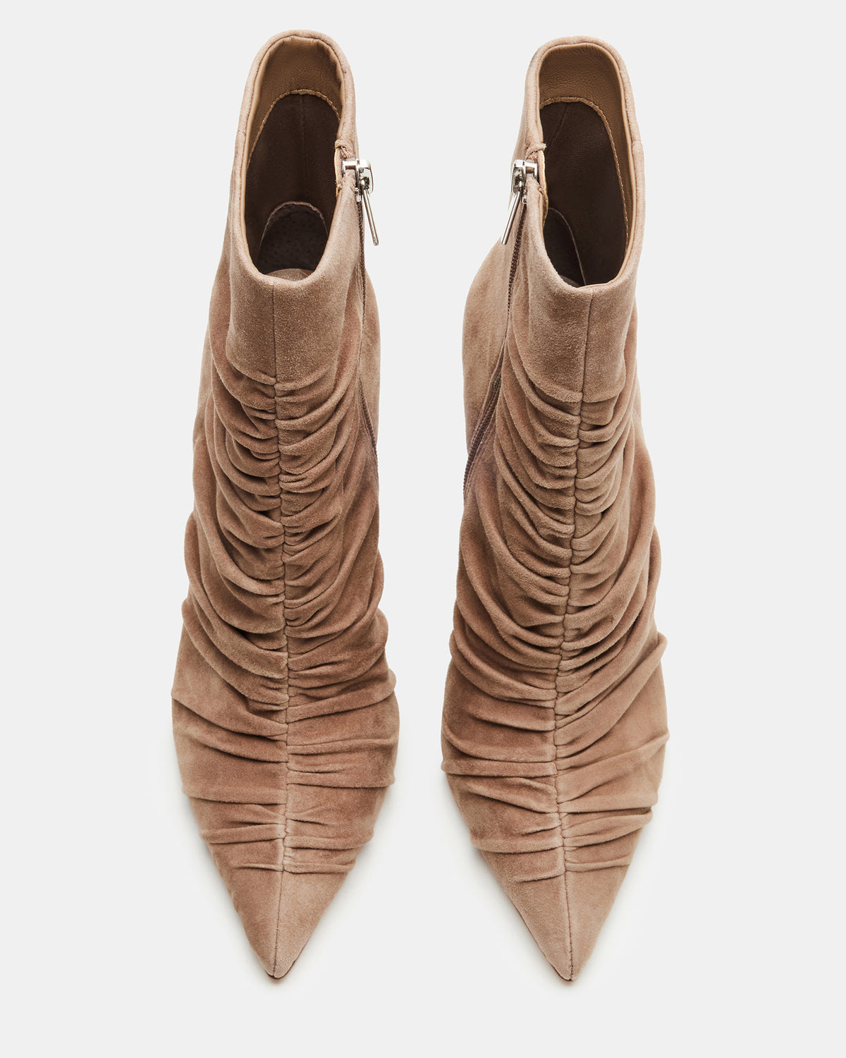 TEASE Taupe Suede Ruched Pointed Toe Ankle Boot | Women's Booties Steve Madden TAUPE SUEDE