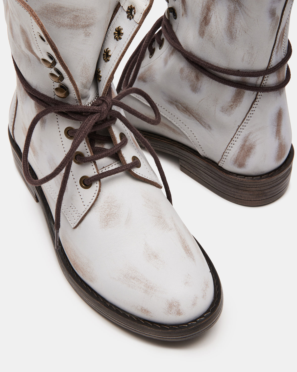 DEVIE White Leather Lace-Up Combat Bootie | Women's Booties Steve Madden WHITE LEATHER