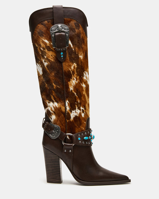 KOLT-H Brown Multi Pointed-Toe Knee-High Western Block Heel Women's Boot Steve Madden BROWN MULTI