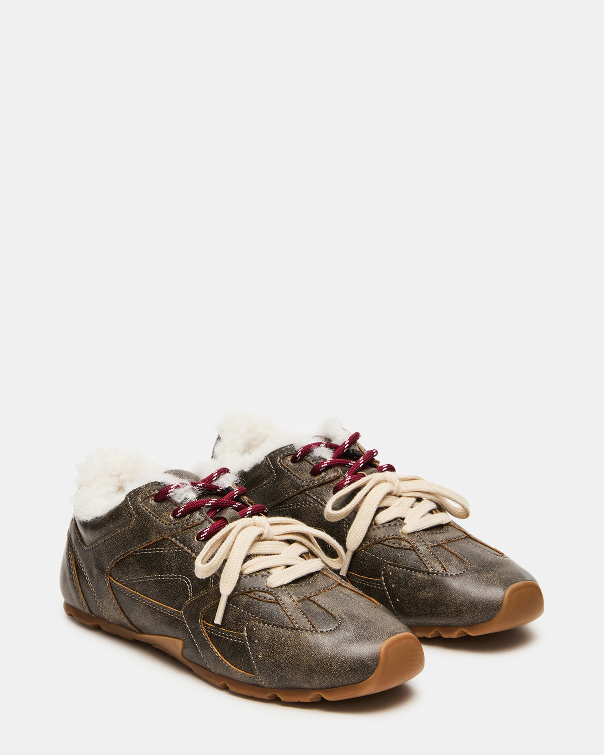 AZIEL Faux Fur Brown Distressed Low-Top Lace-Up Women's Sneakers Steve Madden BROWN DISTRESSED