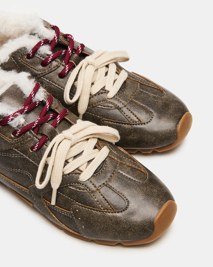 AZIEL Faux Fur Brown Distressed Low-Top Lace-Up Women's Sneakers Steve Madden BROWN DISTRESSED