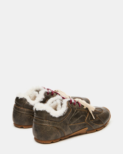 AZIEL Faux Fur Brown Distressed Low-Top Lace-Up Women's Sneakers Steve Madden BROWN DISTRESSED