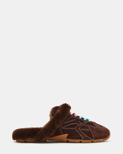 AZIEL MULE Faux Fur Chocolate Brown Suede Low-Top Lace-Up Slip-On Women's Sneaker Steve Madden CHOCOLATE BROWN SUEDE