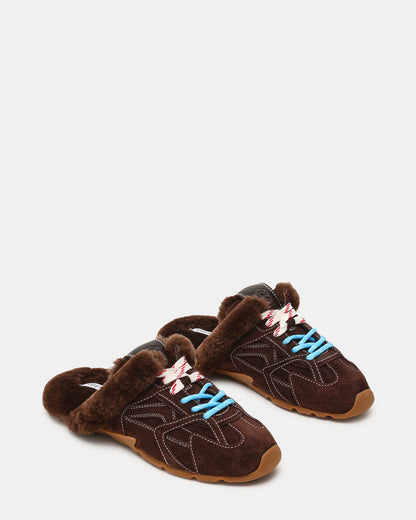 AZIEL MULE Faux Fur Chocolate Brown Suede Low-Top Lace-Up Slip-On Women's Sneaker Steve Madden CHOCOLATE BROWN SUEDE